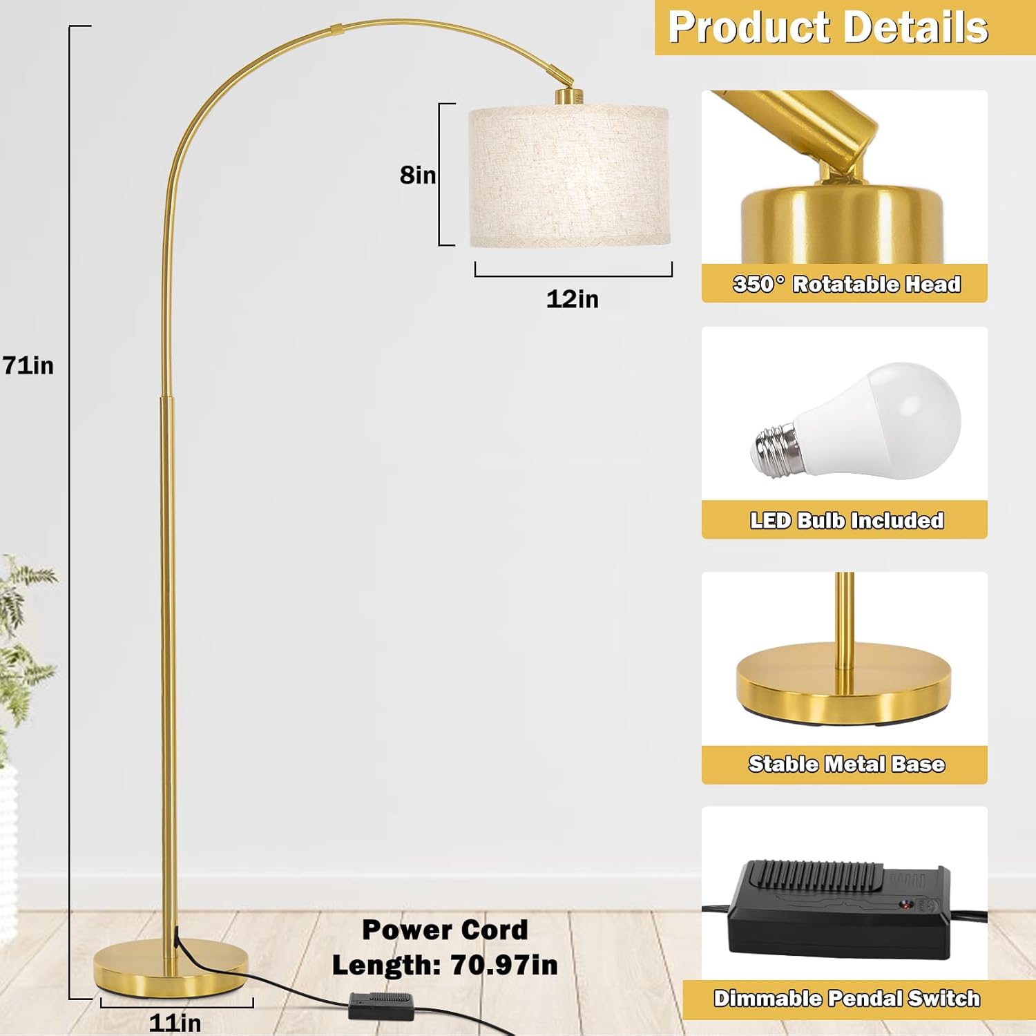 Gold Arc Floor Lamp, Dimmable Floor Lamp for Living Room, Mordern Standing Light with Adjustable Lamp Head, Tall Pole Lamp Over Couch Arched Light for Reading, Bedroom, Office, 9W LED Bulb Included