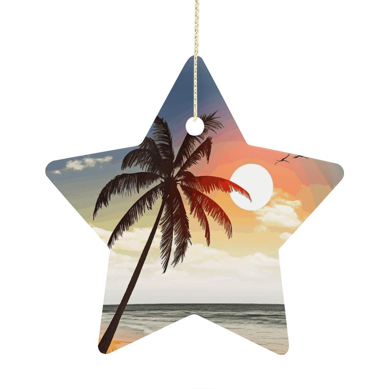Palm Tree on Beach Stars Ornaments Ceramic Christmas Tree Hanging Light in Weight Christmas Star Pendants Funny Double-Sided Printed Xmas Ornaments for Gifts