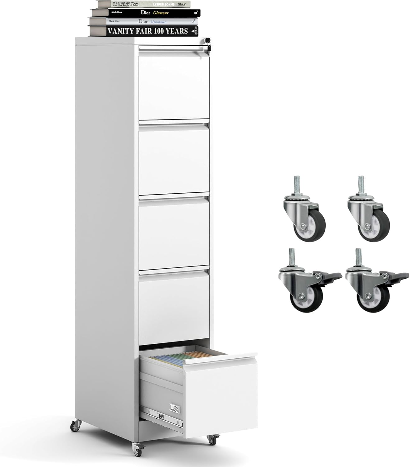 5 Drawer Mobile File Cabinet, Metal Filing Cabinet with Lock and Wheels, Home Office Rolling File Cabinets for Legal/Letter Hanging File Folders, Un-Assembled (White)