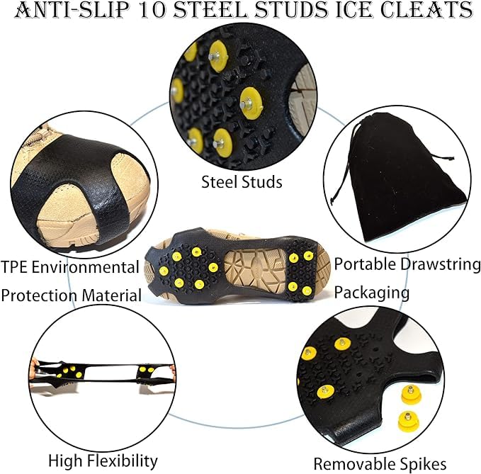 Ice Cleats Snow Crampons for Shoes and Boots 10 Studs Crampons Ice Grips Anit Slip Silicone Rubber Walk Traction Ice Cleats Slip-on Stretch Footwear Walking on Snow and Ice S/M/L/XL (Small)