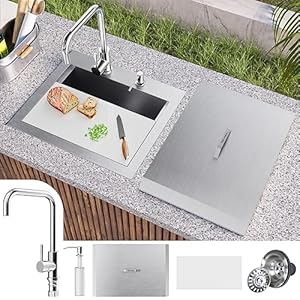Outdoor Sink, TECASA 21 x 18 inch Drop-in Workstation Kitchen Sink, T304 Stainless Steel Kitchen Bar Sink, Single Bowl Bar Sink with Dust Lid and Faucet, Rv Drop In Sink with Cutting Board Outdoor Sink TECASA 21 x 18 inch Drop in Workstation Kitchen Sink T304 Stainless Steel Kitchen Bar Sink Single Bowl Bar Sink with Dust Lid and Faucet Rv Drop In Sink with Cutting Board