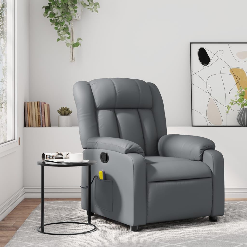 Sillón de masaje de relax de piel sintética gris con 6 puntos de masaje de vibración, función de descanso manual hasta 135 grados, reposabrazos anchos, bolsillo lateral, 78 x 92 x 98 cm