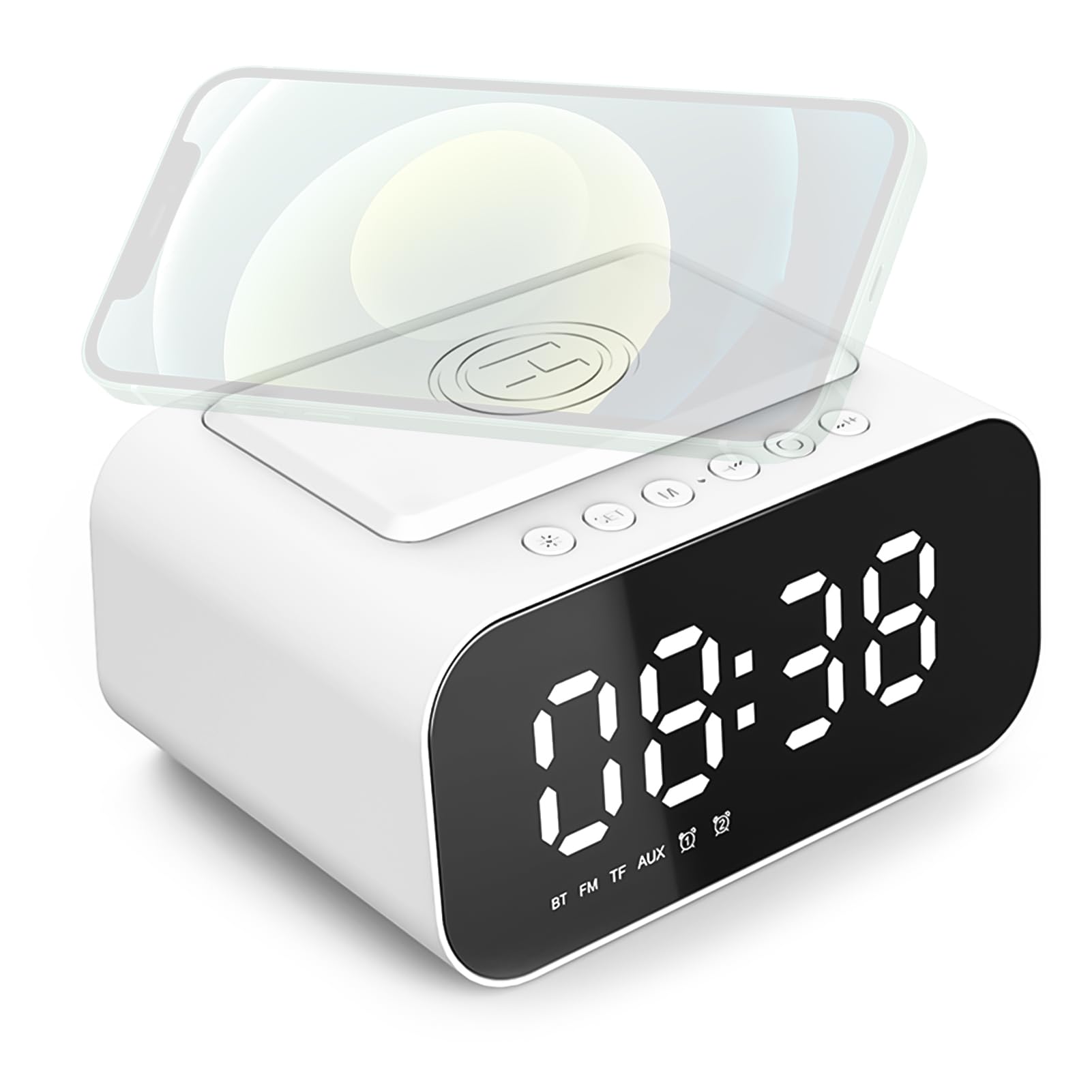 Réveil Bluetooth Avec Chargeur Sans Fil - Radio FM, Haut-Parleur, Luminosité Réglable - Pour Bureau Ou Chambre