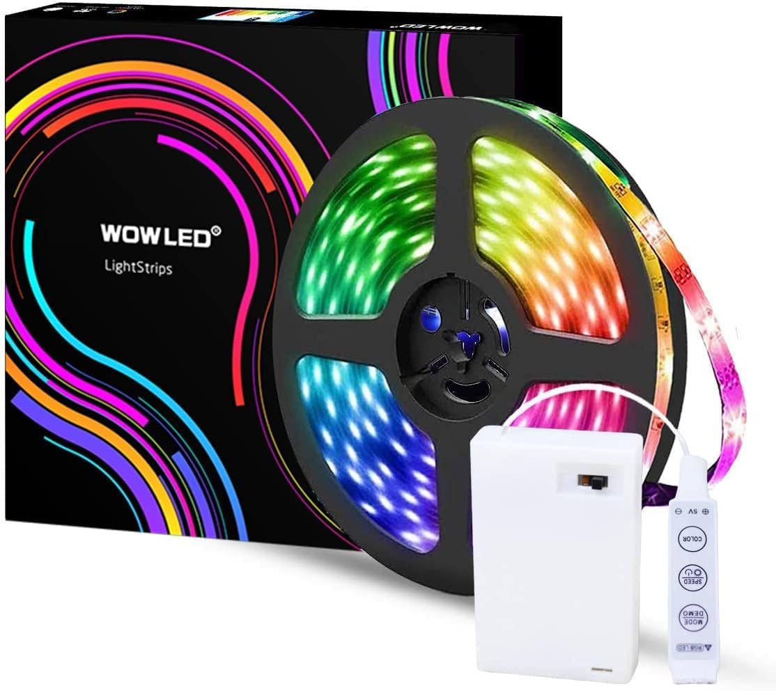 WOWLED 6.6ft (2M) RGB LED Strip Lights Powered by Battery, Multicolor ...
