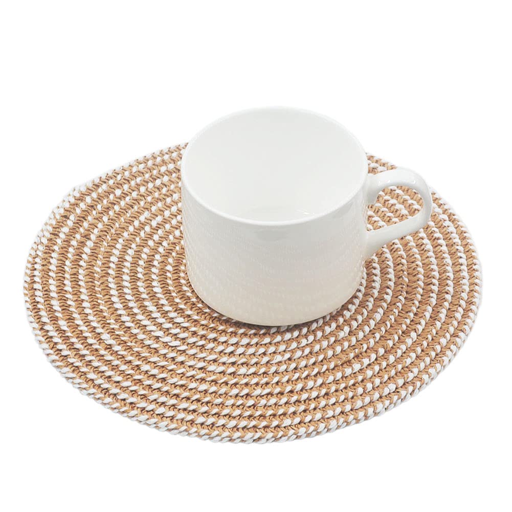 SCF2017 Round Woven Paper Straw Placemats 18cm Small Table Mats Coasters Set of 6,Khaki