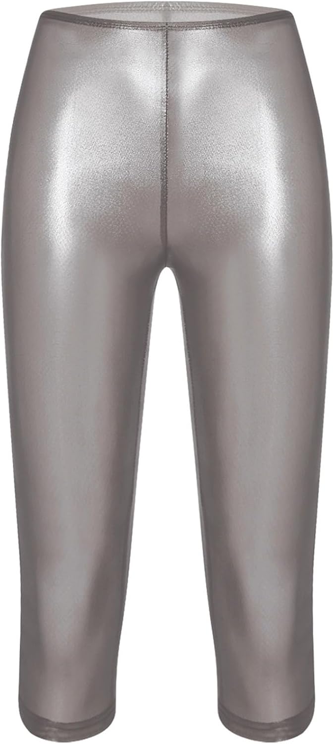 Womens Transparent High Waist Capri Pants Shiny Metallic Skinny Cropped Leggings Bottoms