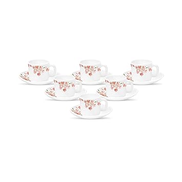 La Opala Diva, Opal Glass Coffee Cup & Saucer Set Cylinder 12 pcs, Aster Pink, White