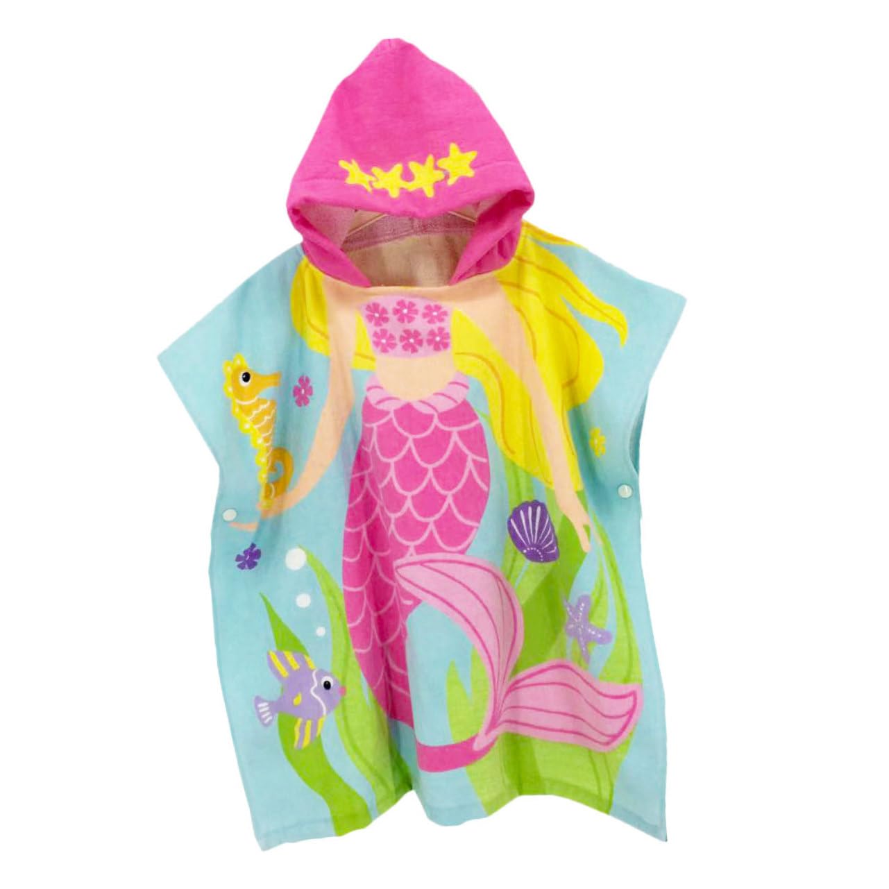 Cape de Plage pour Garçon et Filles en Coton, Capuche, Motif Sirène Rose | Modèle Portable Léger, Maintien Ferme, Style Cartoon, pour Garçons et Filles à Plage