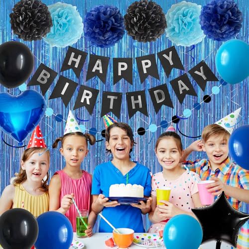 Image of Blue and Black Happy Birthday Party Decorations kit for Boys Men Women with Happy Birthday Banner, Fringe Curtain,Foil Balloons,Cake Topper for birthday decor (blue black)