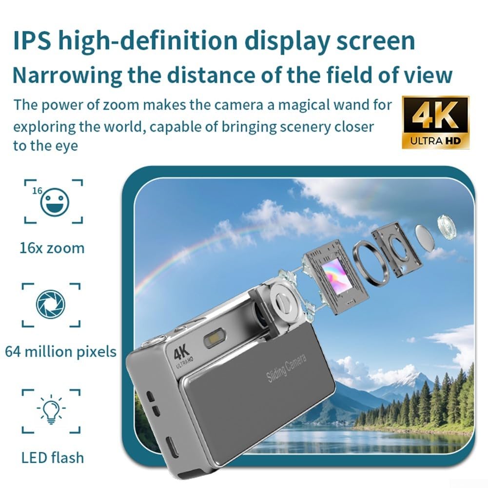 Slider - Fotocamera digitale portatile, 64 MP, registrazione 4 K, zoom 16x, schermo ad alta definizione, design compatto in metallo, stabilizzazione elettronica, per studenti di fotografia di viaggio