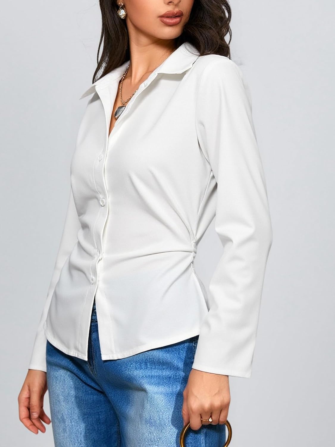 Women's Ruched Button Down Shirts Long Sleeve Collared Dressy Casual Blouses Work Office Tops - Image 4