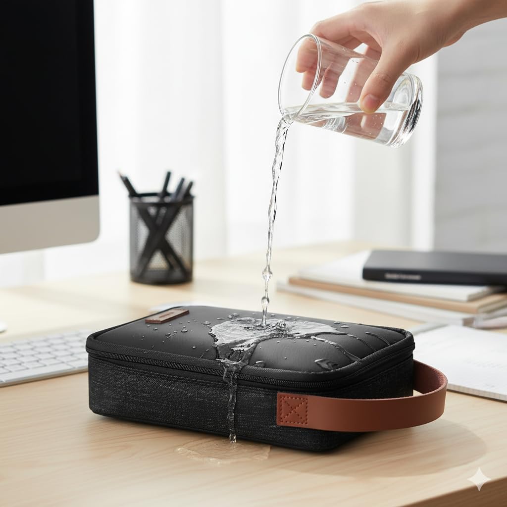 A close-up of the organizer's interior, showing a phone secured in a mesh pocket, pens in elastic loops, and other items neatly arranged in padded compartments.