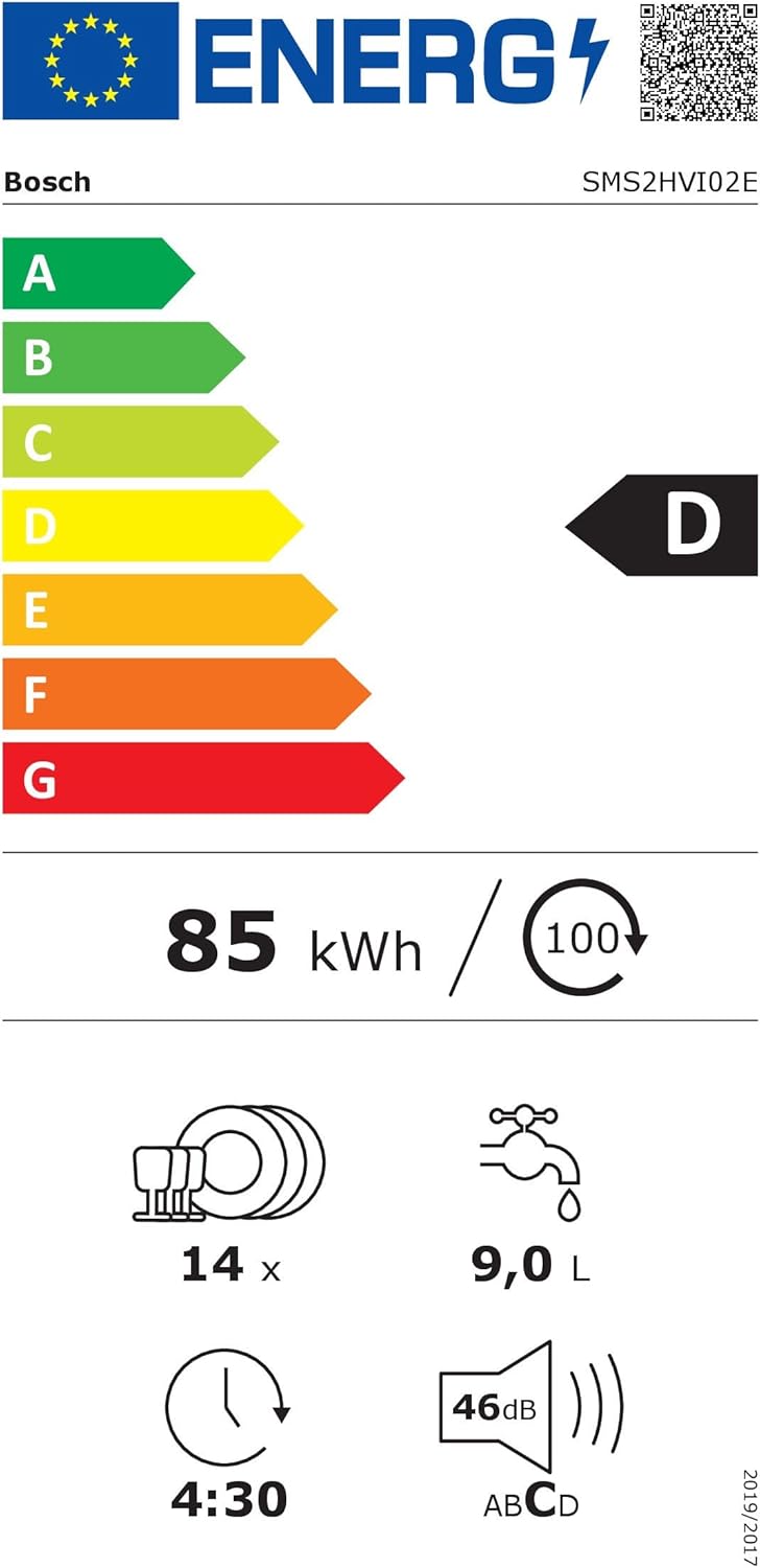 EU Energy Label for Bosch SMS2HVI02E dishwasher, showing D energy class, 85 kWh/100 cycles, 14 place settings, 9.0 L water, 46 dB noise, and 4:30 cycle duration.