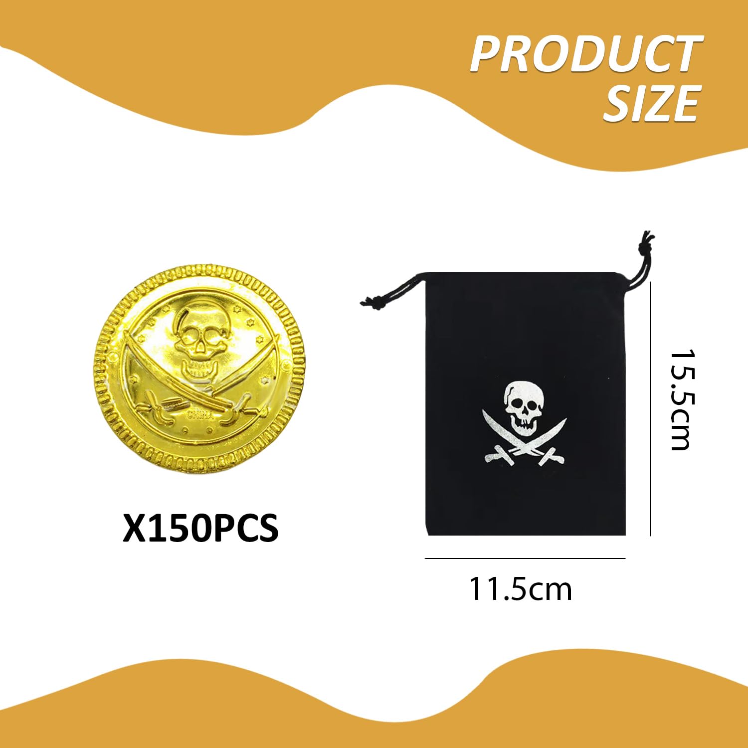 150 Pieces Of Pirate Gold Coins And 1 Piece Of Skull Drawstring Bag, Plastic Toy Gold Coins, Children'S Game Coins - Image 2