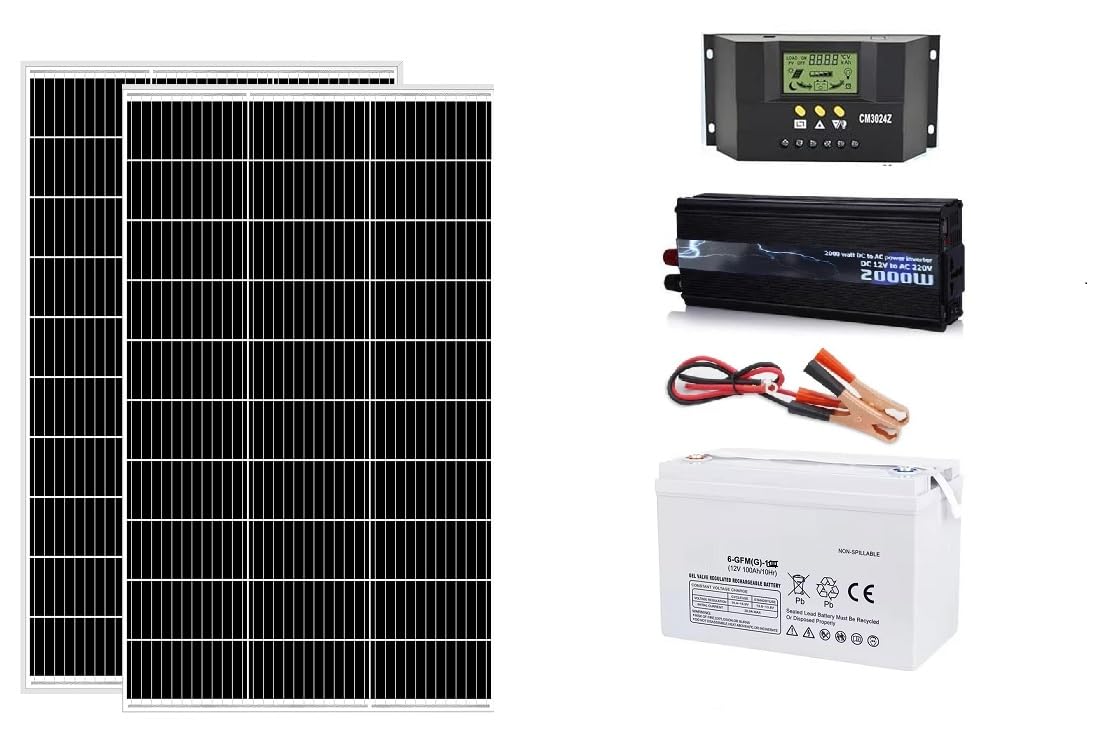 Kit Fotovoltaico Pannello Solare Mono 2x 150w 18V Regolatore di Carica Solare da 30A,Inverter 2000W 12V,Batteria 120AH al Gel da Accumulo,per Camper,Roulotte,Chalet,Abitazione