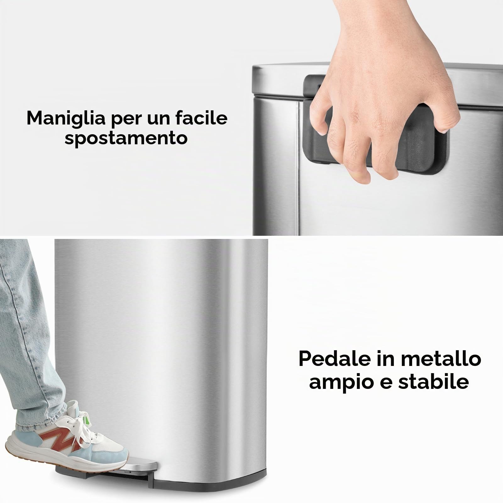LIFERUN Pattumiera Cucina 50 Litri, Cestino a Pedale in Acciaio con Coperchio a Chiusura Morbida, Secchio Interno, 50 l Cestino per Interno Cucina, Bagno, Ufficio, Argento