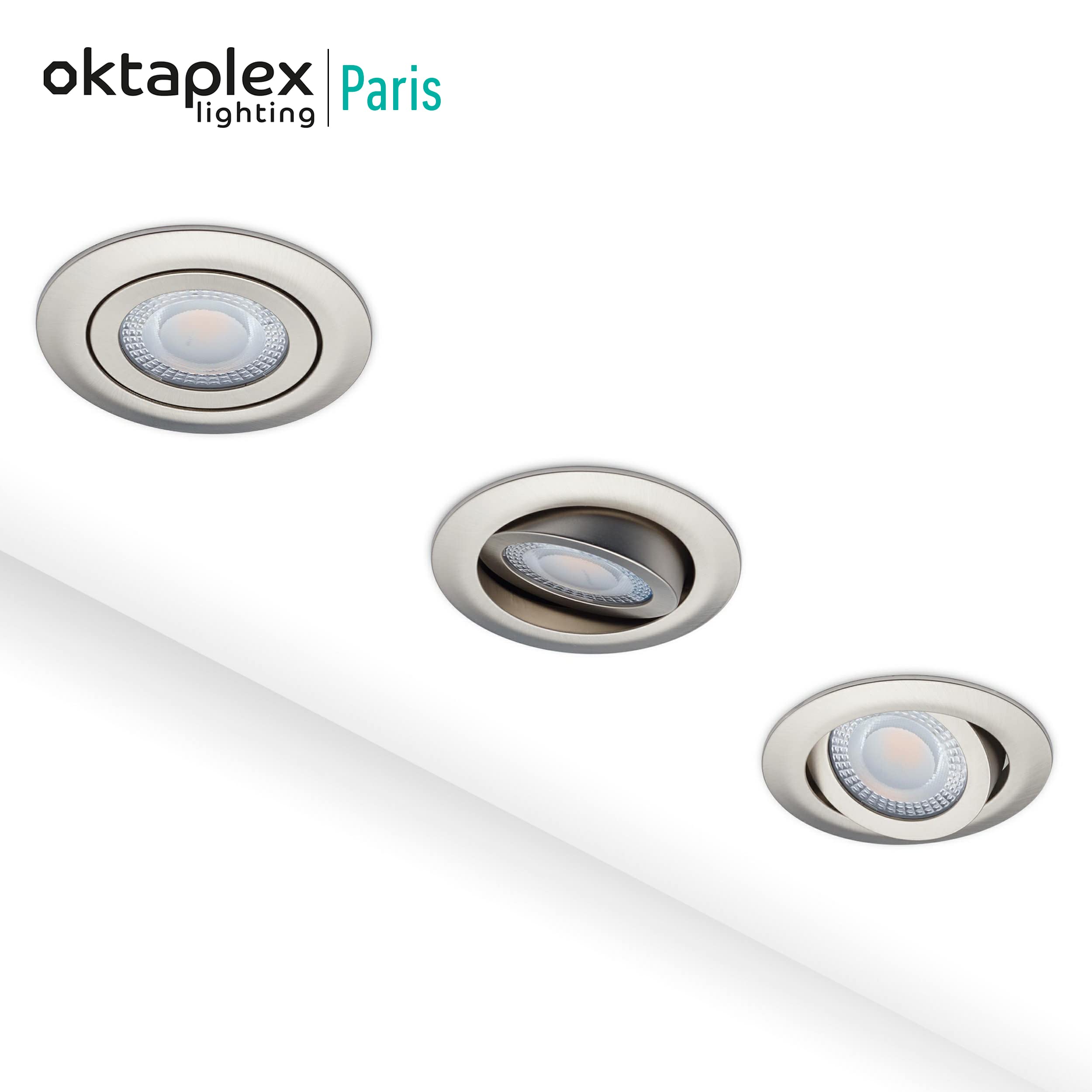 Oktaplex 6er Set LED Einbaustrahler Paris 230V flach 5W 350lm Ra 90 | 3000K Warmweiß Ø 68mm Einbaudurchmesser Spots Decke schwenkbar Nickel gebürstet