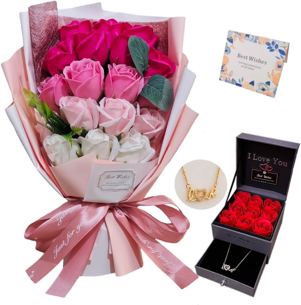 EIGHTOWN Roses Bouquet Artificial Flower - Preserved Red Flowers with Love Necklace for Her - Unique Gifts Valentine's Day, Mother's Day, Thanksgiving, Birthday, Anniversary… (Hotpink)