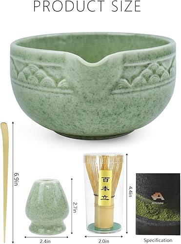 Miniatura 2 de Artcome Juego de té Matcha con boquilla de vertido, cuenco de cerámica verde, batidor de bambú, soporte para batidor, cuchara de té y manual de té