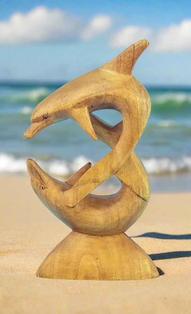 木製イルカ彫刻 苔むす木工 イルカ 彫刻 木製台座付き 苔むす