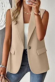 Blazer feminino casual, sem mangas, lapela, leve, aberto com botão frontal, elegante, negócios, trabalho, escritório, colete
