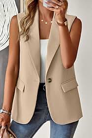 Blazer feminino casual, sem mangas, lapela, leve, aberto com botão frontal, elegante, negócios, trabalho, escritório, colete