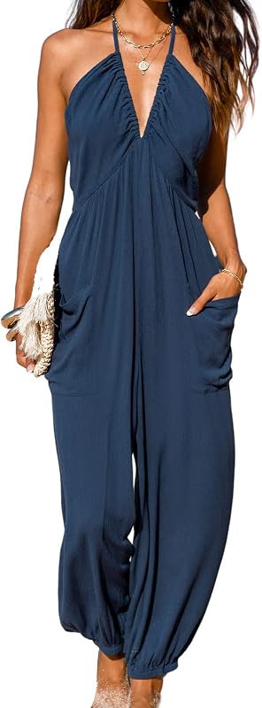 CUPSHE Women Summer Maxi Jumpsuit Halter Beach Resort Wear Navy Blue, L