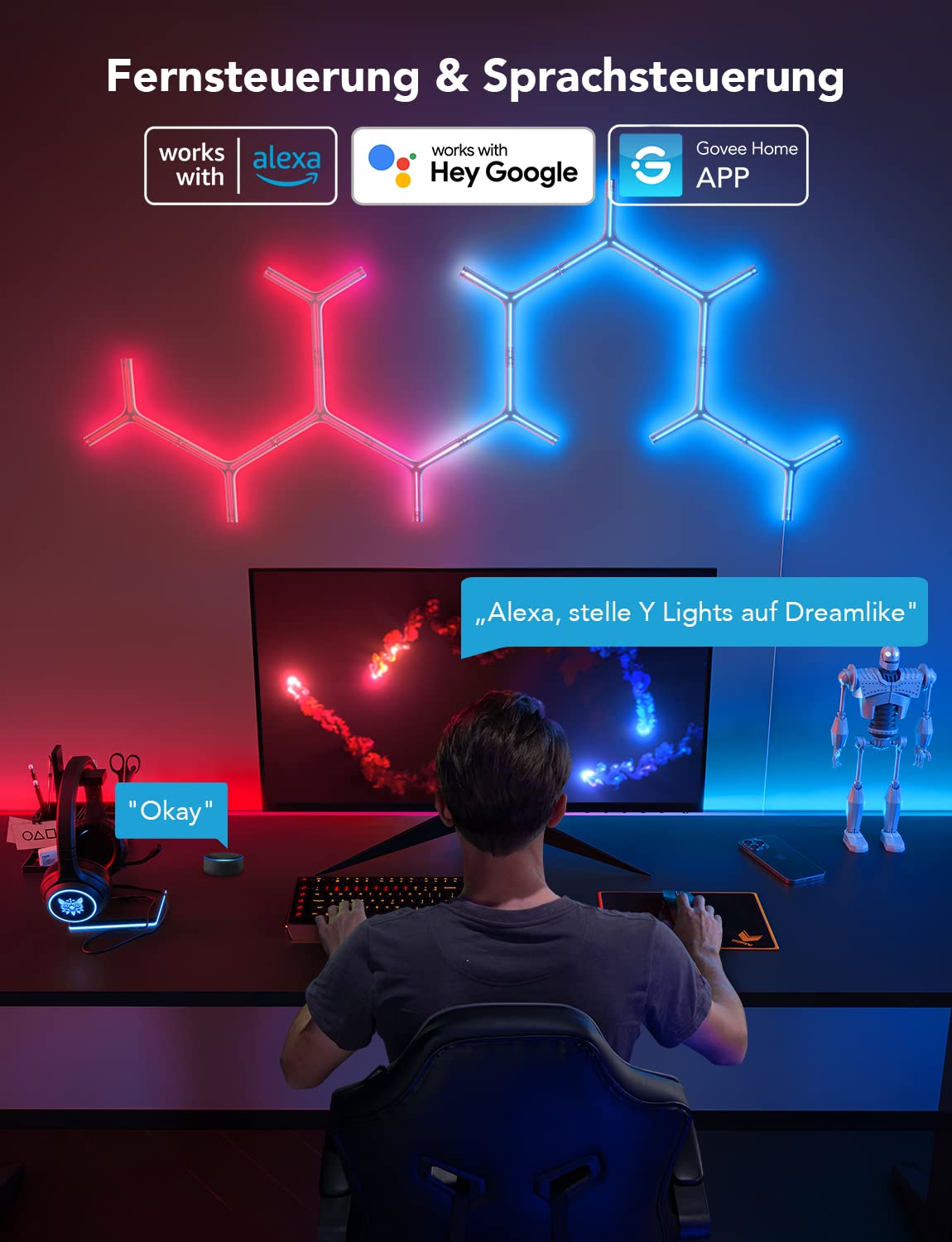 Govee Glide Y Lights, RGBIC LED Gaming Lights, 7er Pack | Smart Home DIY Kreative Deko Lights mit Musik Sync & 40+ Szenenmodi, Wi-Fi Wandleuchten für Wohnen, Schlafzimmer