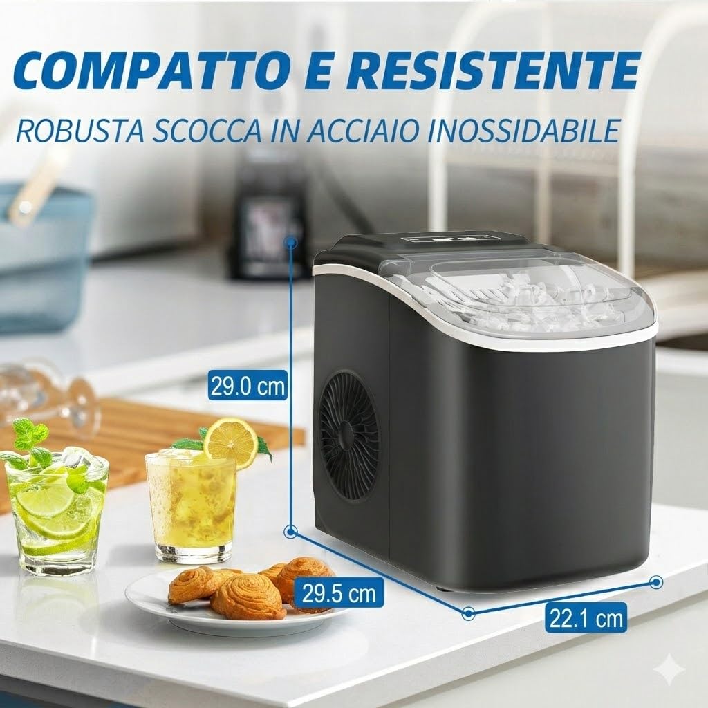 Macchina del Ghiaccio Portatile 12KG/24H Fabbricatore Ghiaccio Casa con Autopulizia Produce 9 Cubetti in 6 Minuti 2 Dimensioni Ghiaccio a Proiettile Nero Silenziosa con Cestello e Paletta