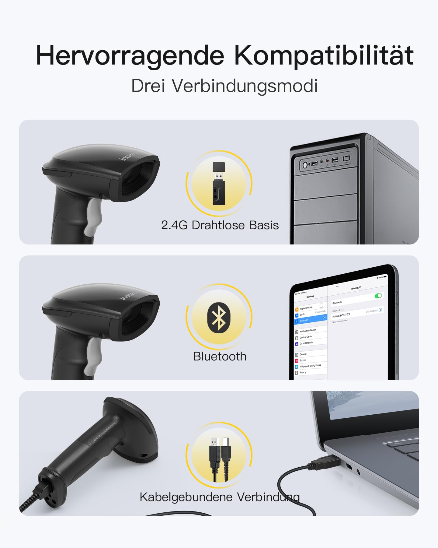 Inateck Barcode Scanner Kabellos, 1D 2D QR Code Scanner, BCST-23 Dunkelgrau | 3-in-1 mit Bluetooth, 2,4 GHz und USB Kabel, Bildschirm-Scannen Unterstützt, 2600mAh für 3 Monate Standby, mit APP und SDK