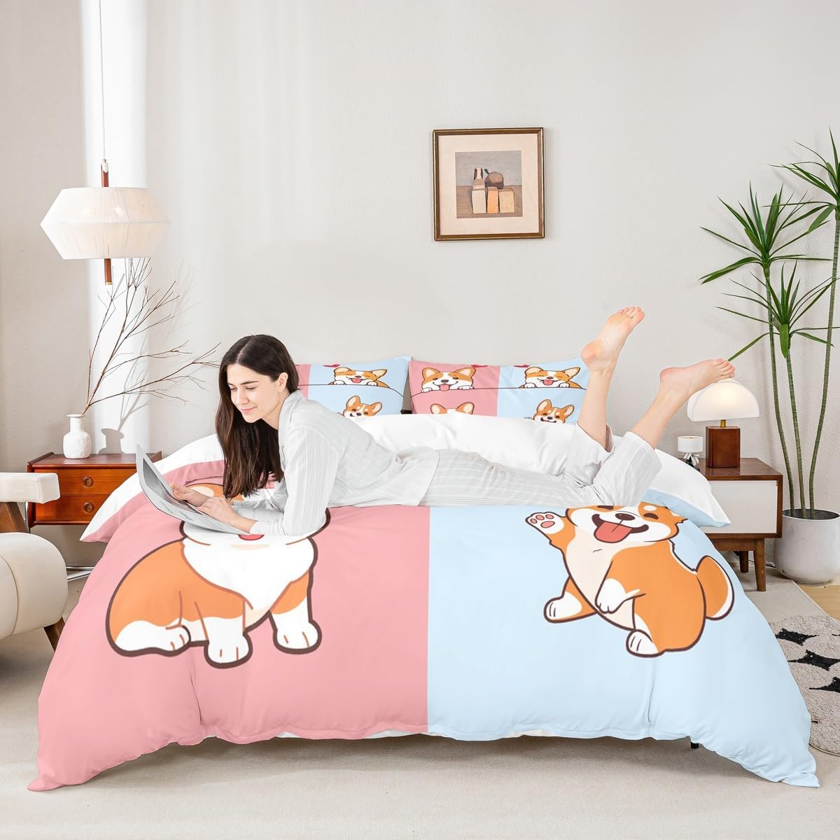 Castle Fairy Kids Cartoon Dog Queen Size Duvet Cover Doggy Corgi Faily Pet Bedding Set 3pcs for Kids Teens Pink Blue Bottom Comforter Cover Soft Quilt Cover Bedroom Decor Bedspread,No Comforter