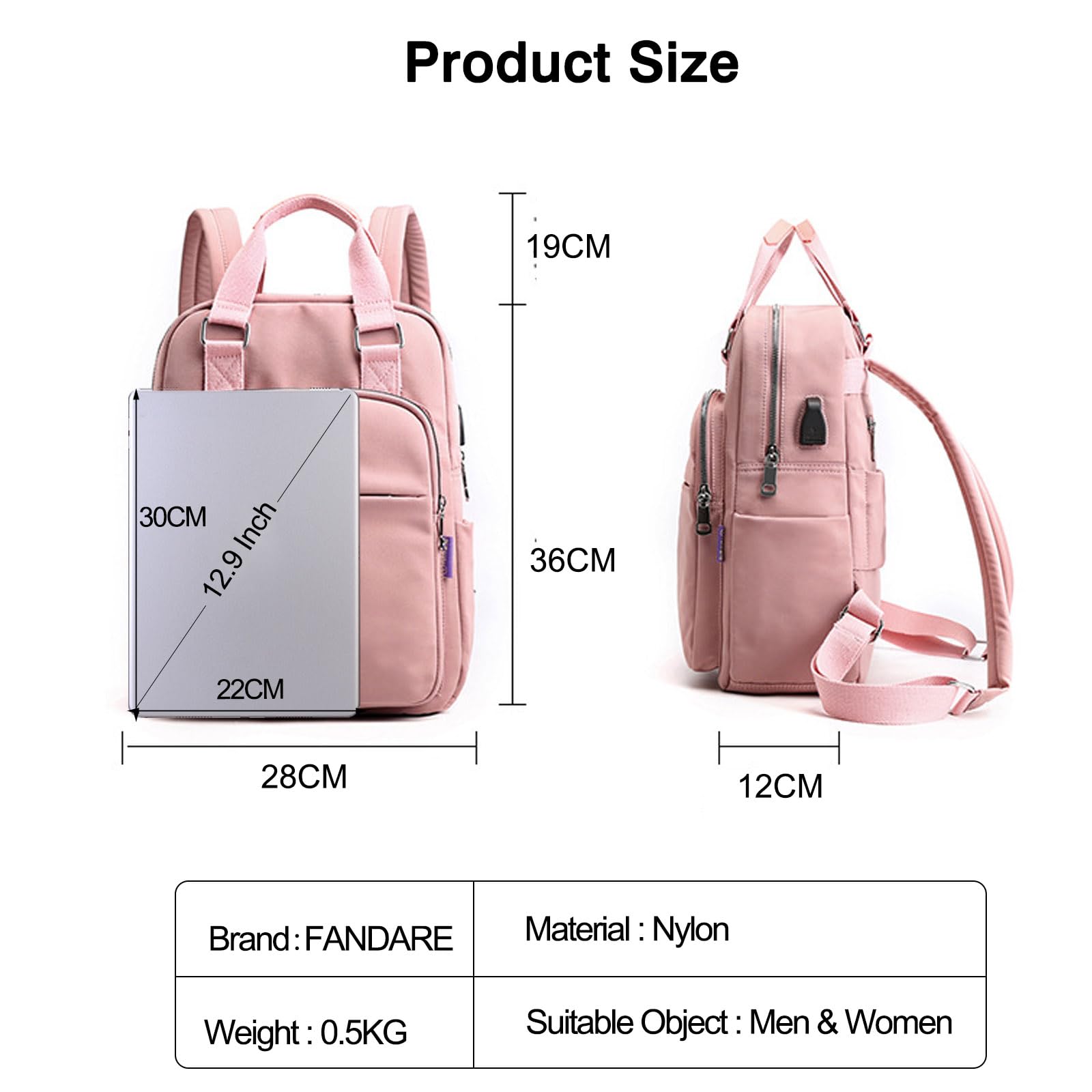 FANDARE Zaini Casual Laptop Borsetta Zainetto Cartelle Donna Zaino Scuola con USB Adolescente Borse a Zaino Ragazza Zainetti Daypacks per All'aperto Viaggio Shopping Impermeabile Nylon