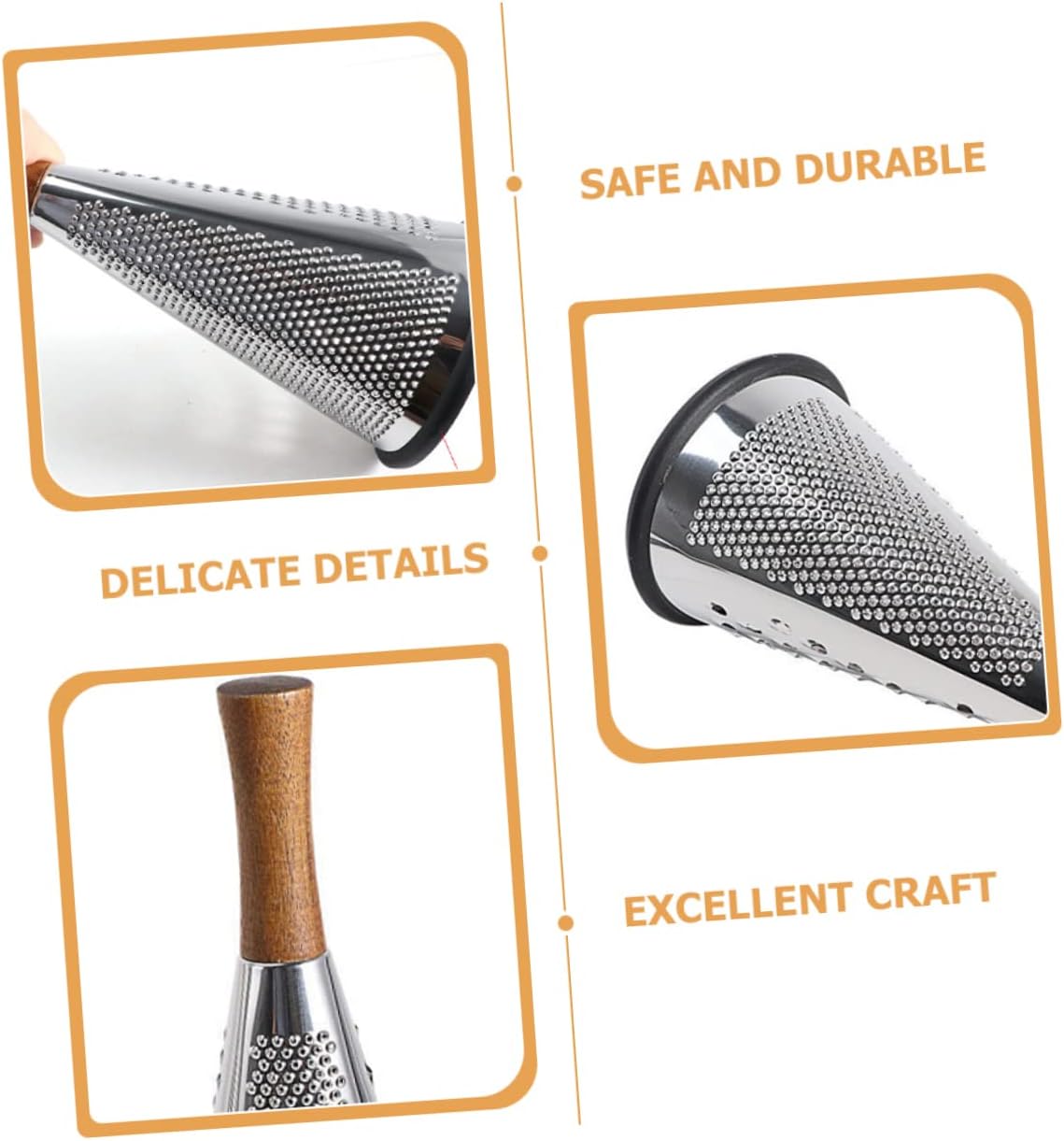 Kitchen Cheese Grater with Handle, Stainless Steel and Wood