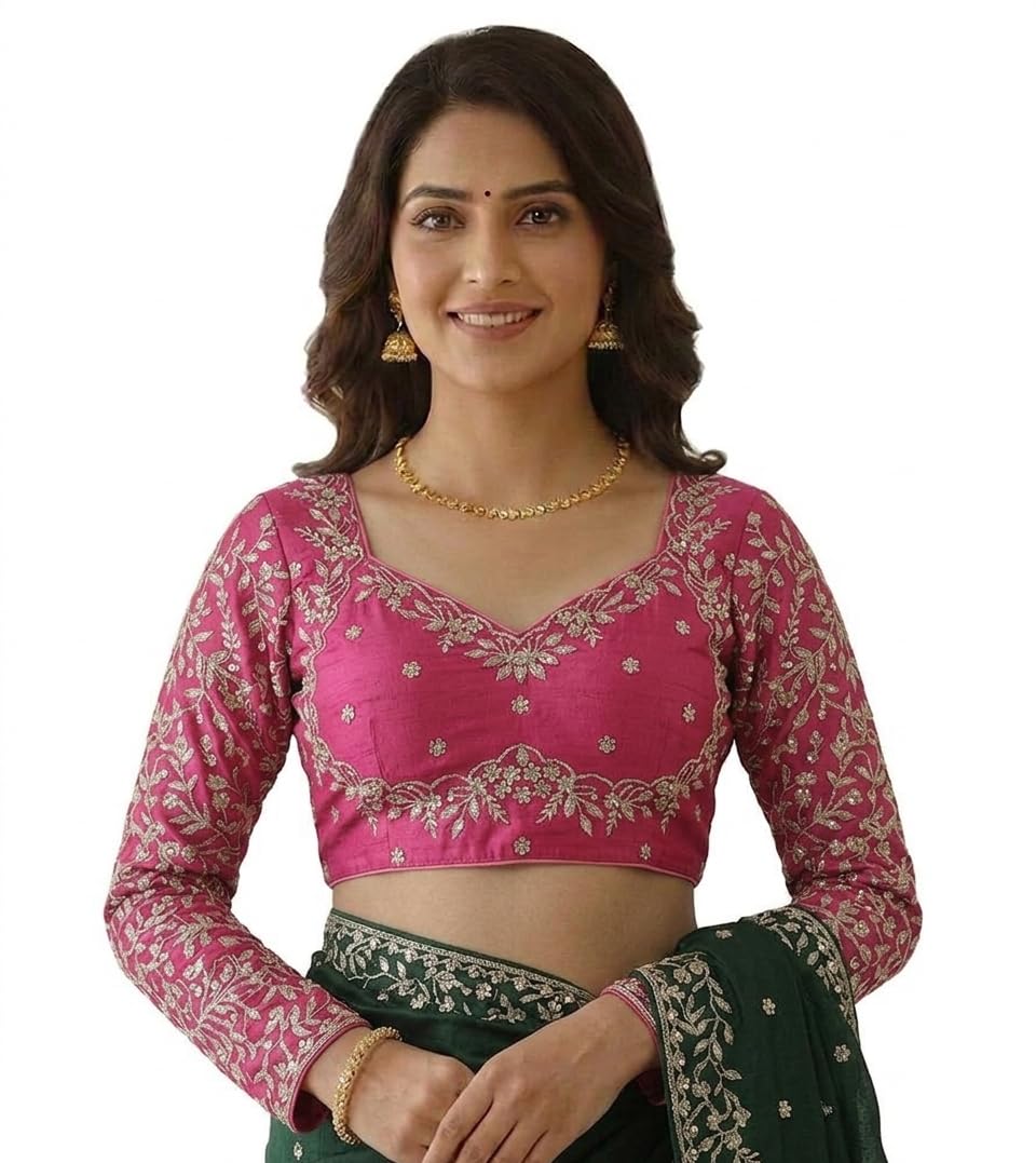Ishika Beauty Product/Blouse Women's Embroidered Saree Blouse, Green, Full Sleeves, Readymade, Free Size 36 packe of 01-image-36