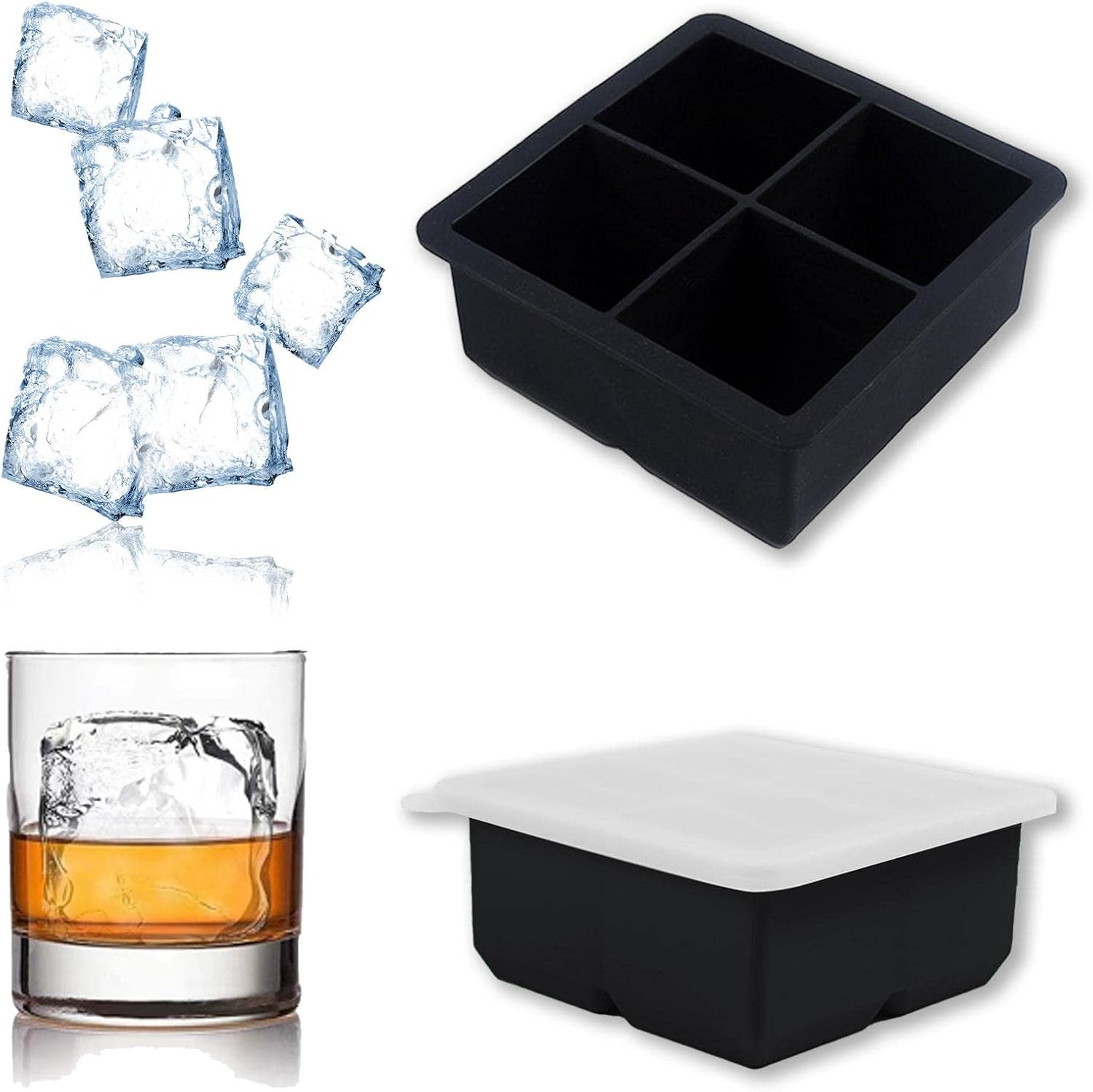 Large Ice Cube Trays Food Grade Ice Ball Mold Bourbon Ice Cube Trays with Lid for Whisky, 4