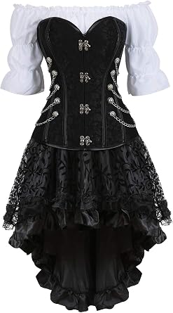 Grebrafan Steampunk Corsets Bustiers Skirt Blouse Set 3 piece Waist Corset Outfits for Women