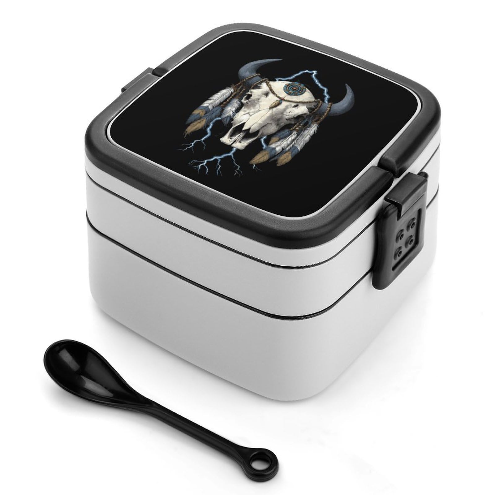 CGSBNGHA Vintage 90s Thunder Native Indian Bison Skull Bento Lunch Box 2 Layer Lunchbox Food Container for Adults Office
