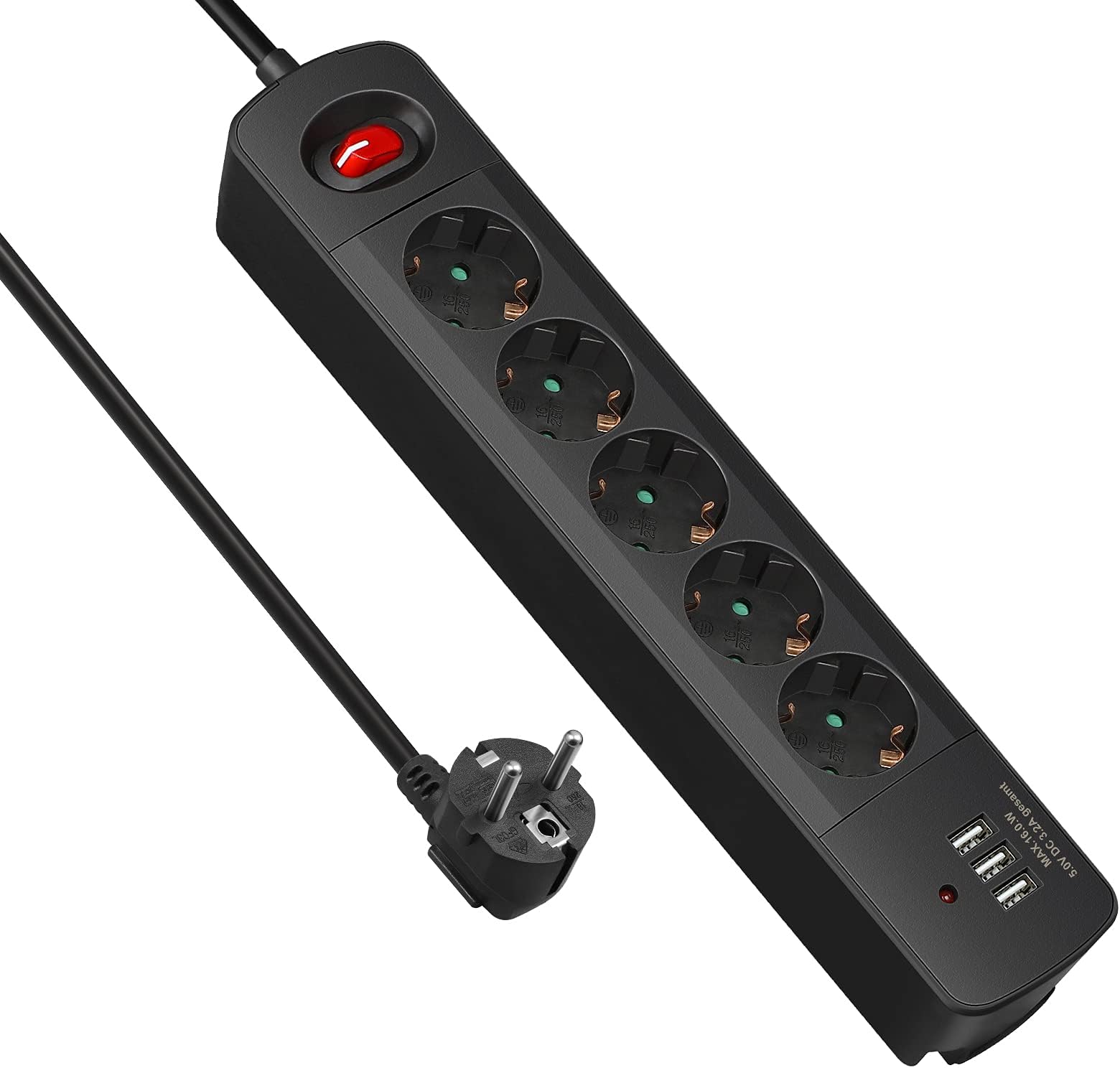 Steckdosenleiste Einzeln Schaltbar, 5 Fach Mehrfachsteckdose mit 1 USBC und 3 USBA