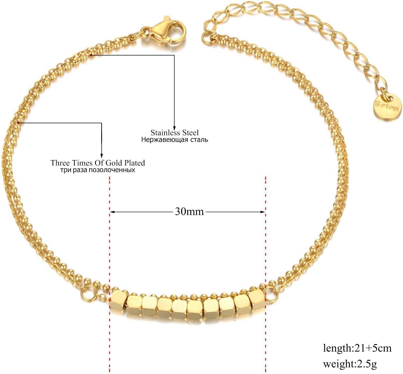 Pulsera de pie, Cadenas for el Tobillo, Tobilleras cuadradas geométricas de Doble Capa for Mujer, Tobillera con Cadena de eslabones Dorados, joyería for pies