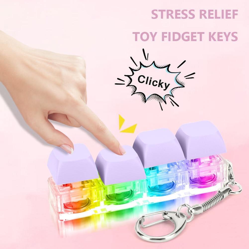 Keyboard Fidget Keychain 4 Keys Keyboard Decompression Toys with LED Light Keyboard Clicker Toy Button Stress Relief for Adult to Relief Stress Pass The Time