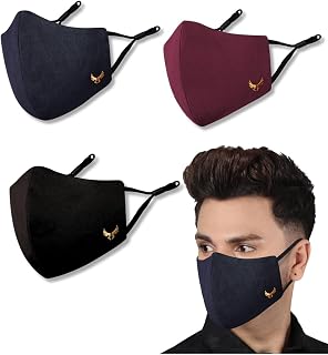 4-Layer Anti-Pollution Reusable & Adjustable Cotton Cloth Face Mask for Men & Boys, Anti-Bacterial BFE>99%, Pack of 3, Multicolor, Black, Navy, Red