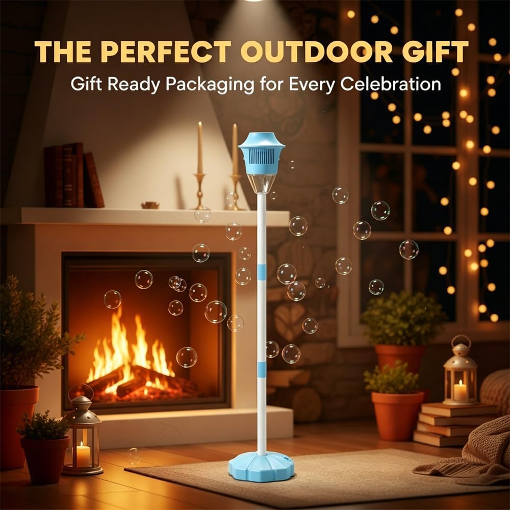 Automatic Bubble Machine with Light & Music, Standing Bubble Maker with Adjustable Height, Battery Powered Bubble Machine for Outdoor Use, Bubble Machine for Parties (Red*1+Blue*1)