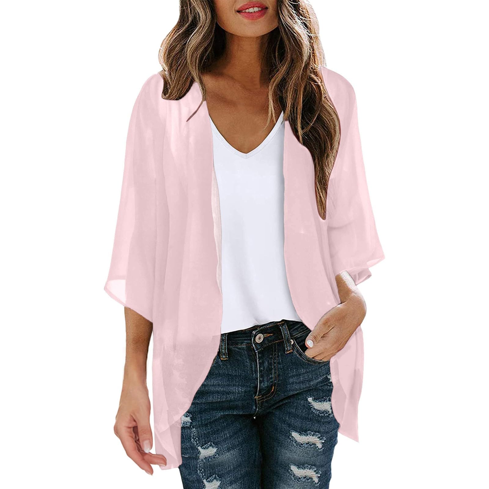 KBOPLEMQ Kimono de gasa para mujer, cárdigan de manga 3/4, bikini con estampado floral, ligero, para playa, abierto, chaqueta para verano, bolero, gasa, verano, cárdigan