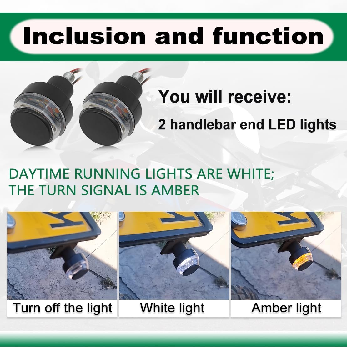 Motorcycle Turn Signals Handlebar End LED Lights, Dual Color for Turn Signal Lights and Side Marker Lights or Running Lights Amber & White
