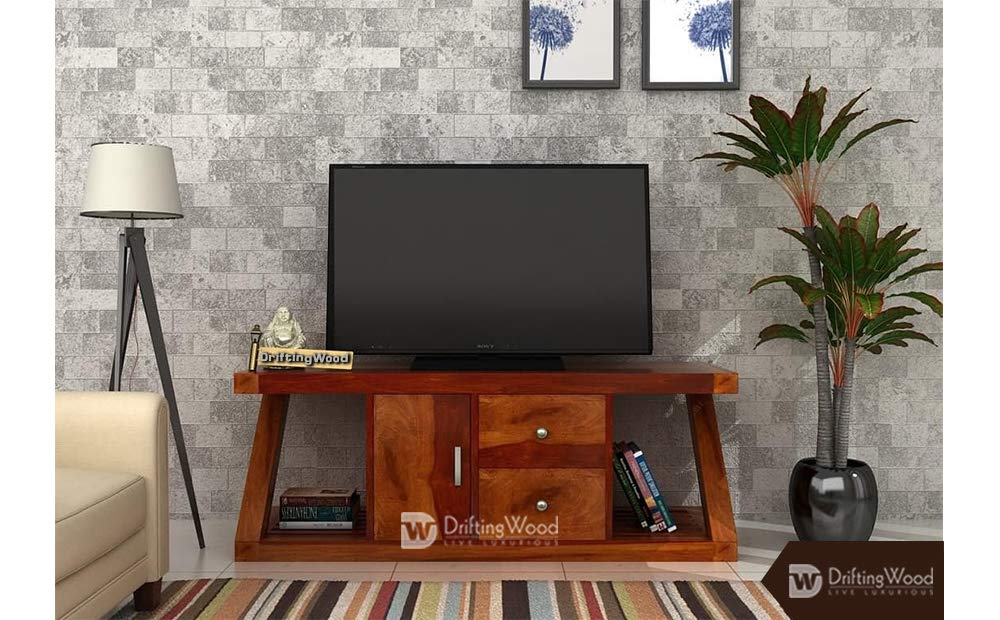 DRIFTINGWOOD Solid Sheesham Wood Sideboard TV Cabinet for Living Room | Wooden Free Standing TV Unit Side Board Table with 2 Drawer, 2 Shelf & Door Cabinet Storage | Rosewood, Honey Finished