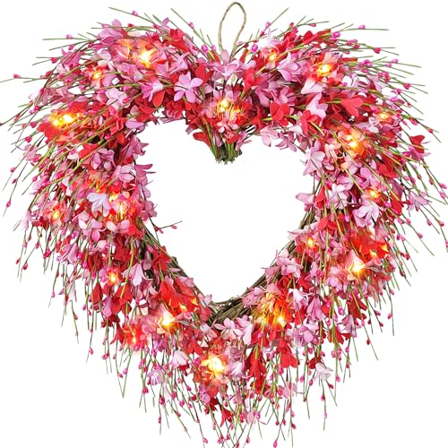 Valentine's Day Heart Wreath with LED Lights, 18 Inch Artificial Red Pink Forsythia Flower Berries Spring Summer Wreaths for Front Door, Valentines Day Farmhouse Hanging Wall Decor