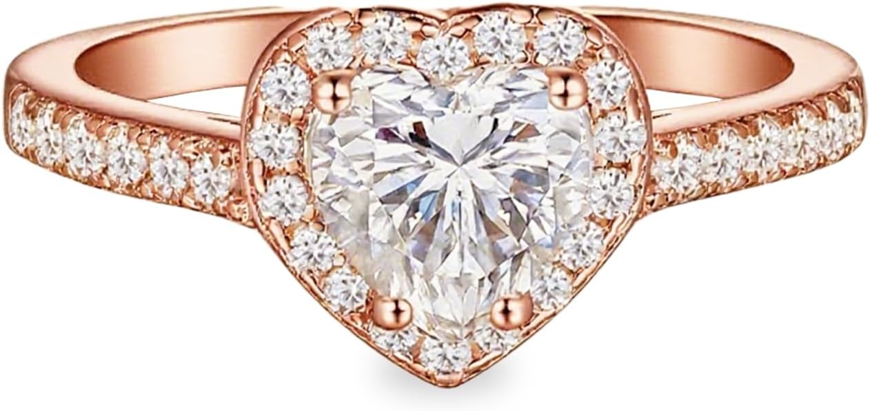 1-4 Carat Heart Cut Moissanite Engagement Ring, D Color VVS1, 10K, 14K, 18K White/Rose/Yellow Gold Halo Wedding Ring for Women, Promise Anniversary Ring with Pavé Band