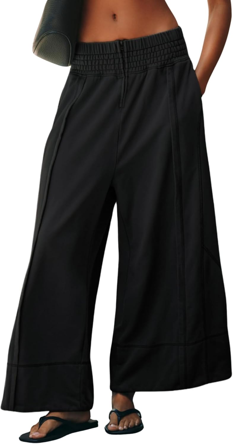 Womens Casual Wide Leg Pants Elastic High Waisted Palazzo Loose Trousers with Pockets