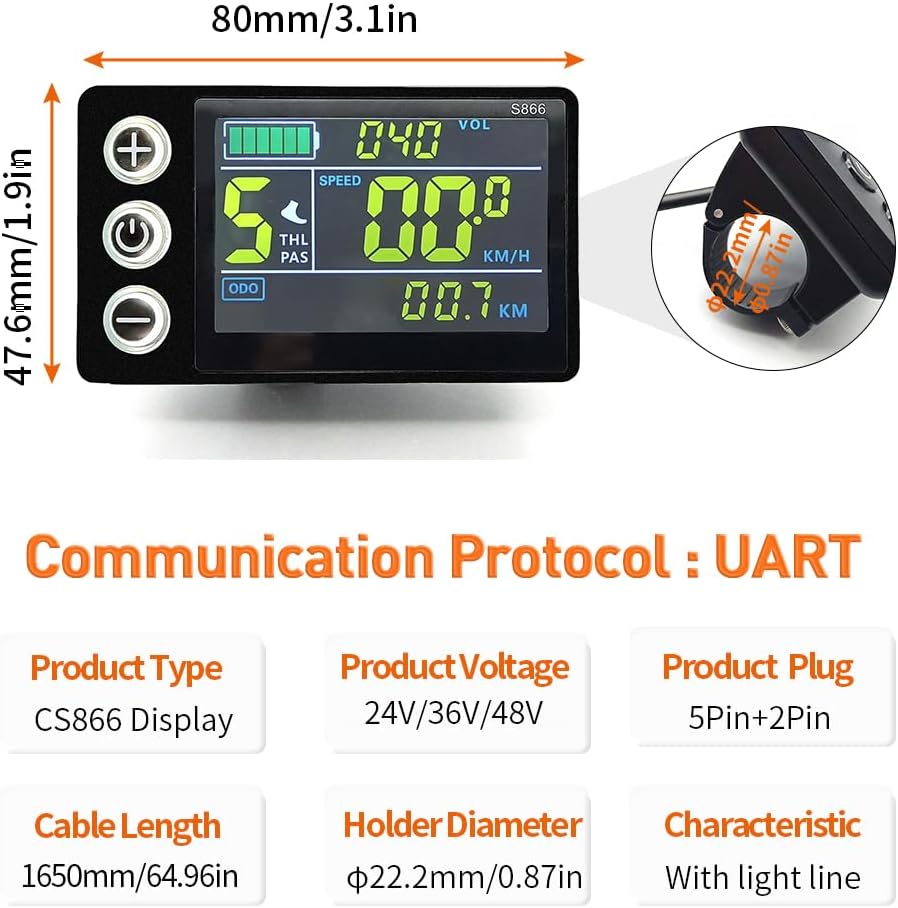 Ebike 26A Sine Wave Controller with CS866 Color Display, Adjustable Throttle & PAS for 500W 800W 1000W 1800W Electric Bicycles Hub Motor