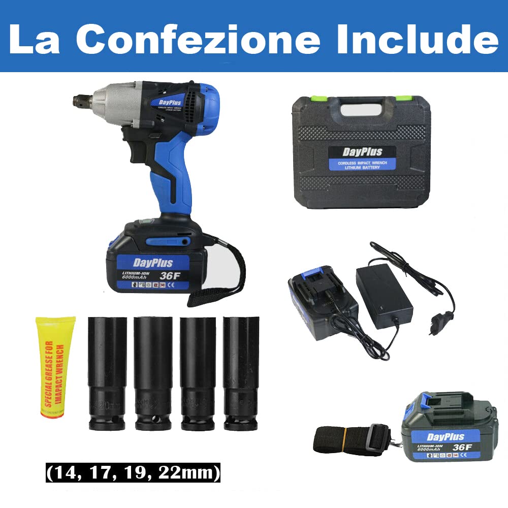 DayPlus Avvitatore ad Impulsi Pneumatico 18V con 2 Batterie 6.0Ah, 420Nm Avvitatori a Massa Battente Porfessionale, Mandrino 13mm, Impulsi/min 0-4400, Avanti e Indietro, Luce LED
